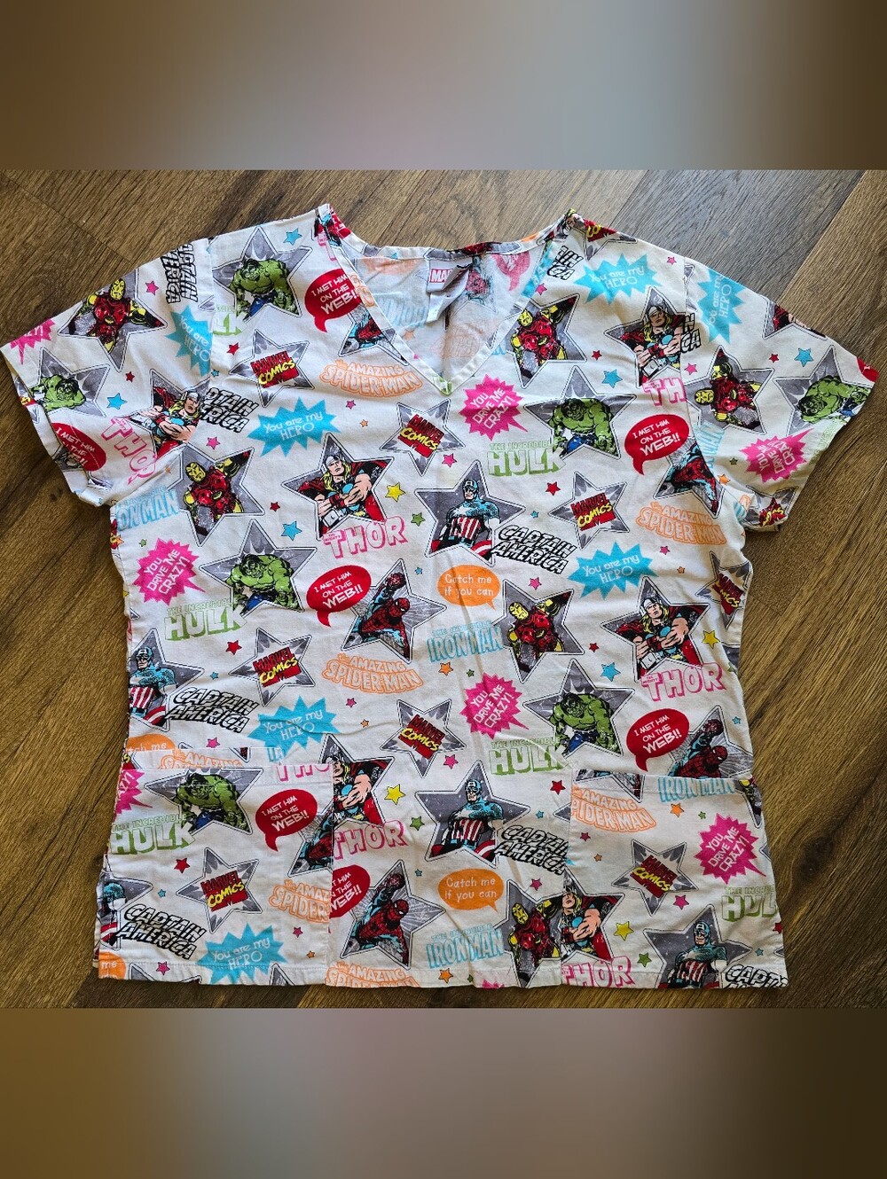 Marvel Womens White Superhero Scrub Top- Multi-Color